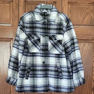 H&M Blue White Plaid Flannel Shacket Button Down 4 pocket Women's Size Small